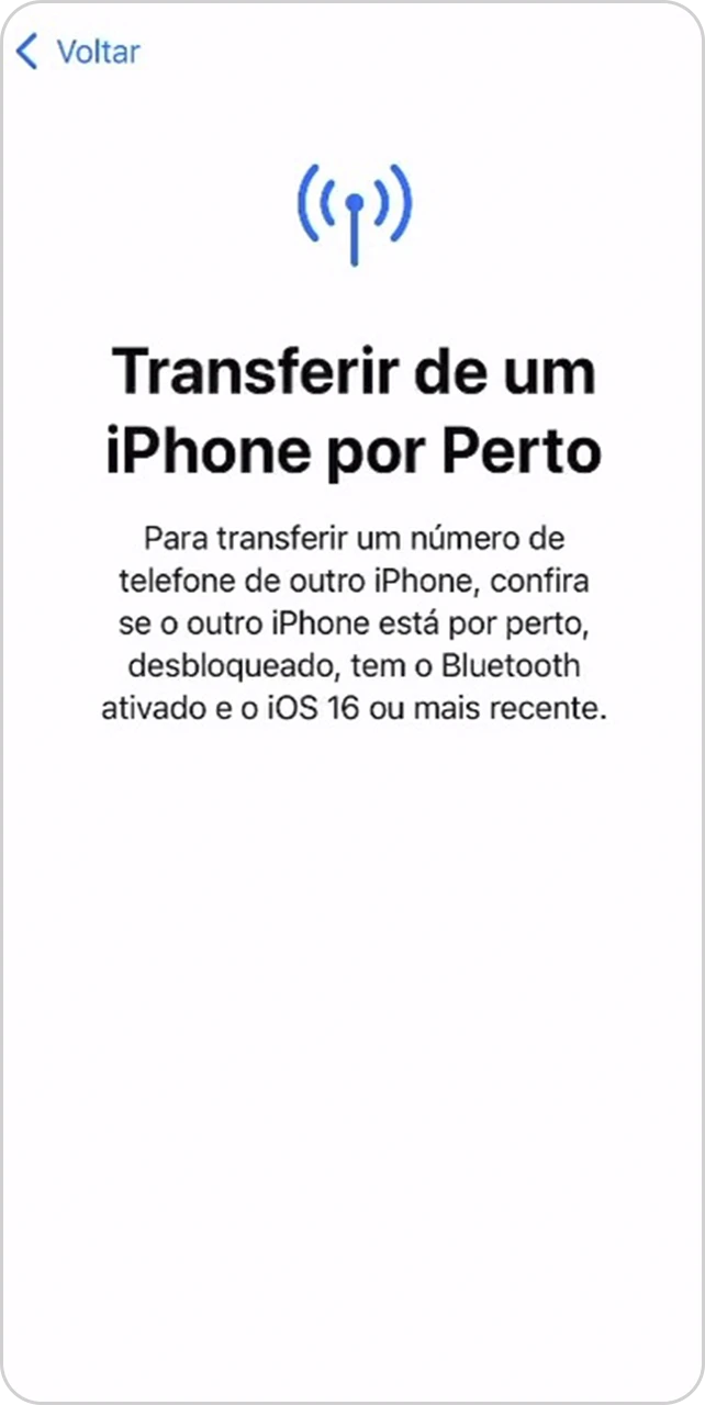 Tela informativa sobre transferir de um iPhone por Perto.
