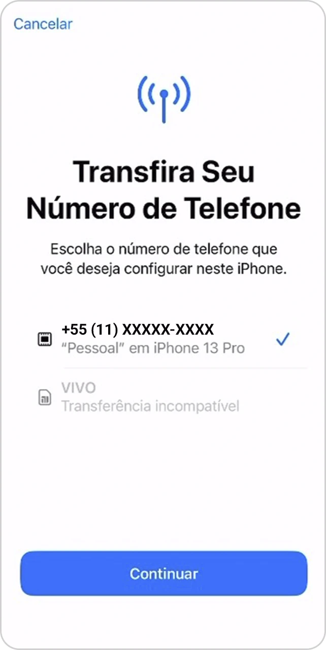 Tela informativa com o número do telefone que vai ser transferido.