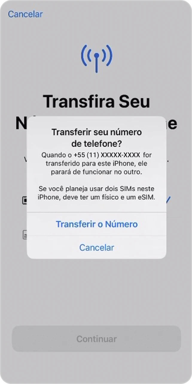 Tela de confirmação de transferência de número entre iPhones.