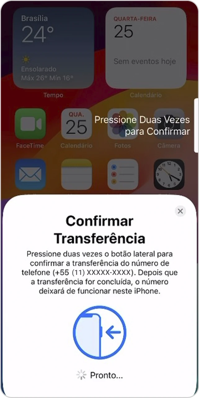 Tela com pop up de confirmação de transferência de número entre iPhones.