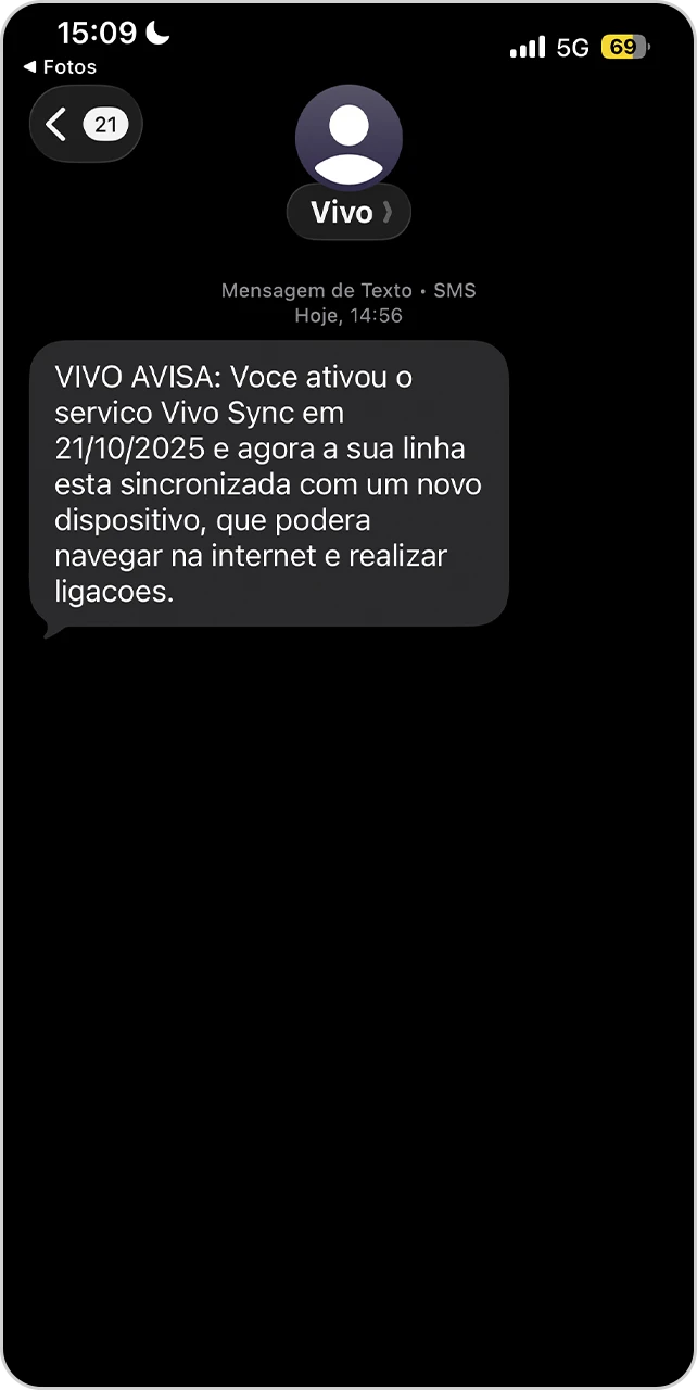 Tela de mensagem SMS de confirmação da ativação do Vivo Sync.