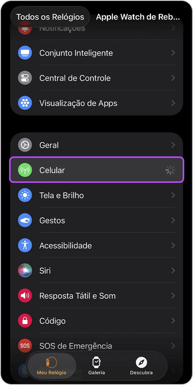 Tela do menu com o item "Celular" em destaque.