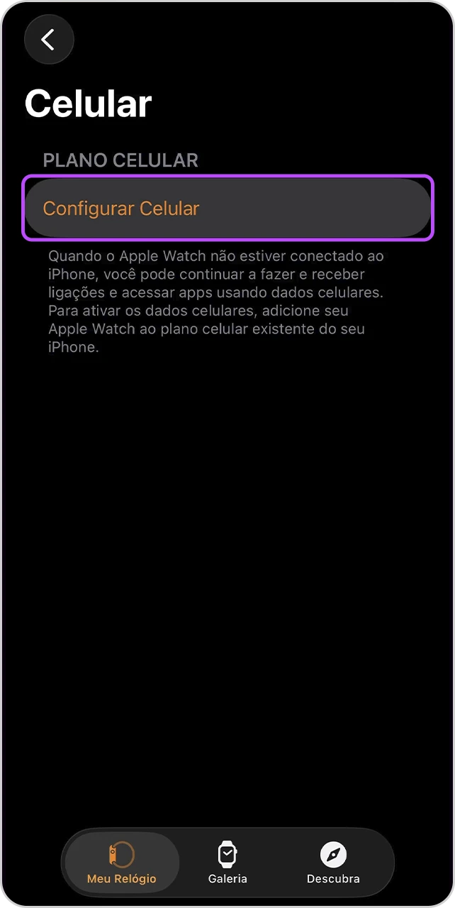 Tela de "Celular" com a opção "Configurar Celular" em destaque.