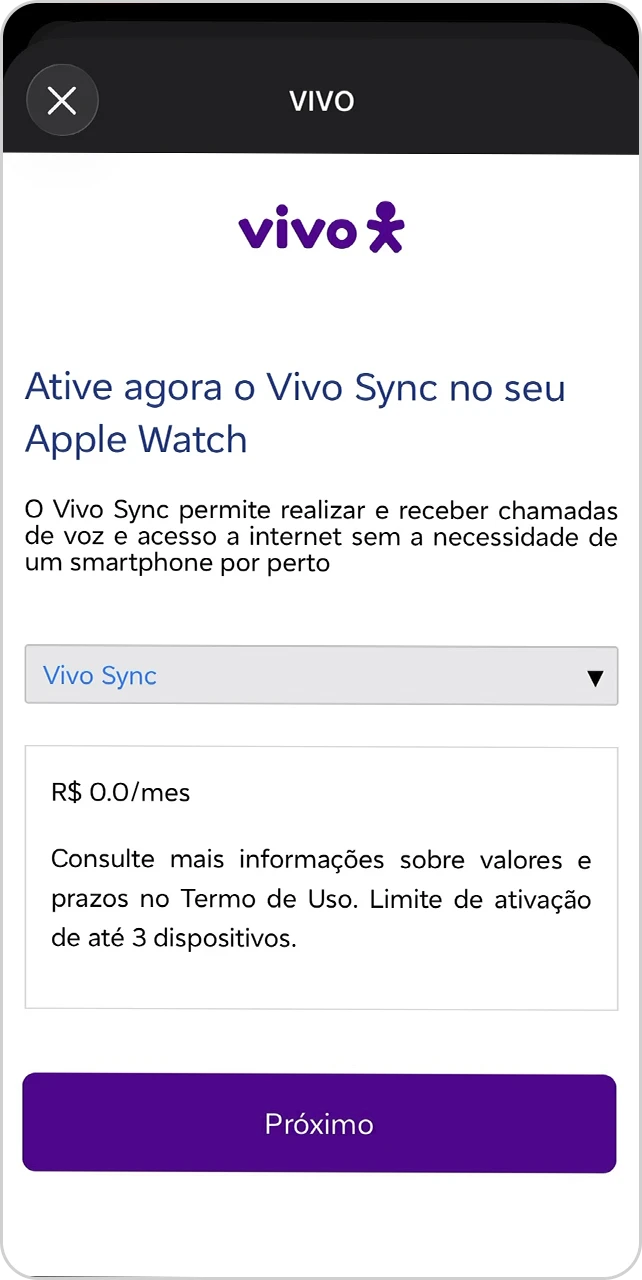 Tela para ativar o Vivo Sync no Apple Watch.