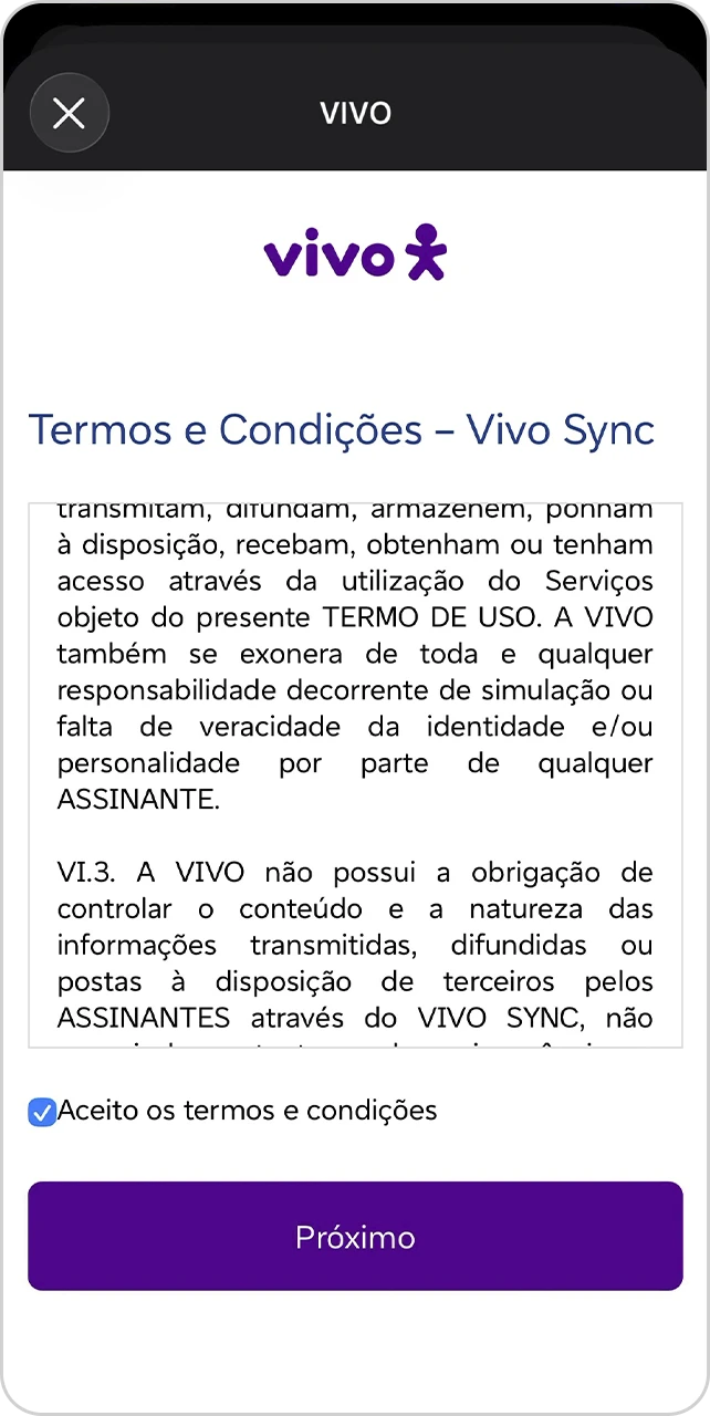 Tela com termos e condições de Vivo Sync para aceitar.