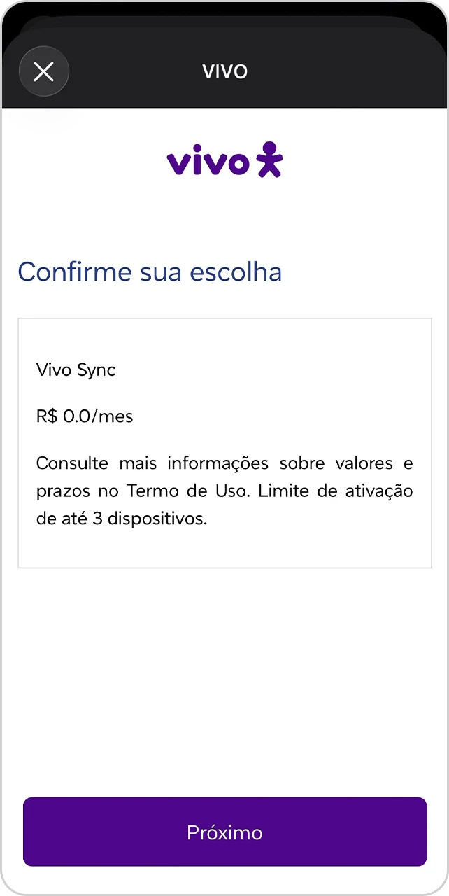 Tela para confirmar a escolha de Vivo Sync.