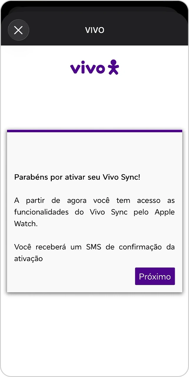 Tela com mensagem de parabéns por ativar seu Vivo Sync.