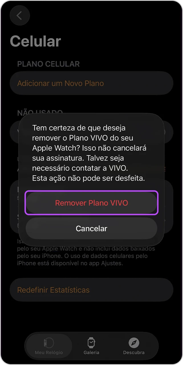 Tela de "Celular" com o botão "Remover Plano Vivo" em destaque.