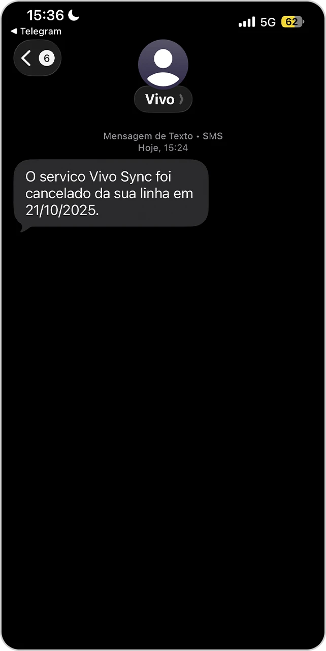 Tela de mensagem SMS de confirmação do cancelamento do Vivo Sync.