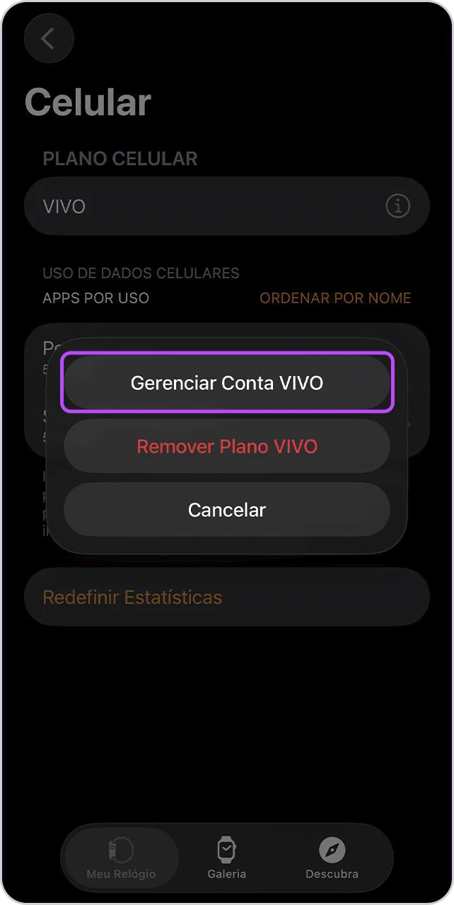 Tela de "Celular" com o botão "Gerenciar Conta Vivo" em destaque.