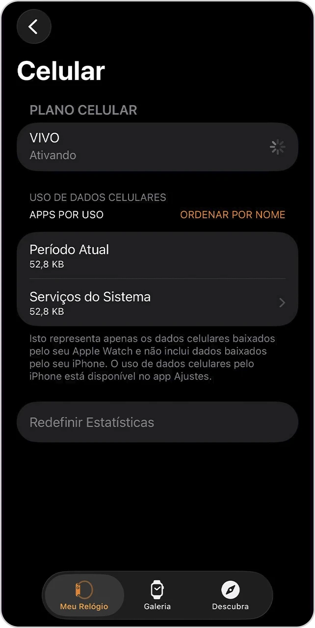 Tela de "Celular" com processo de ativação em andamento.