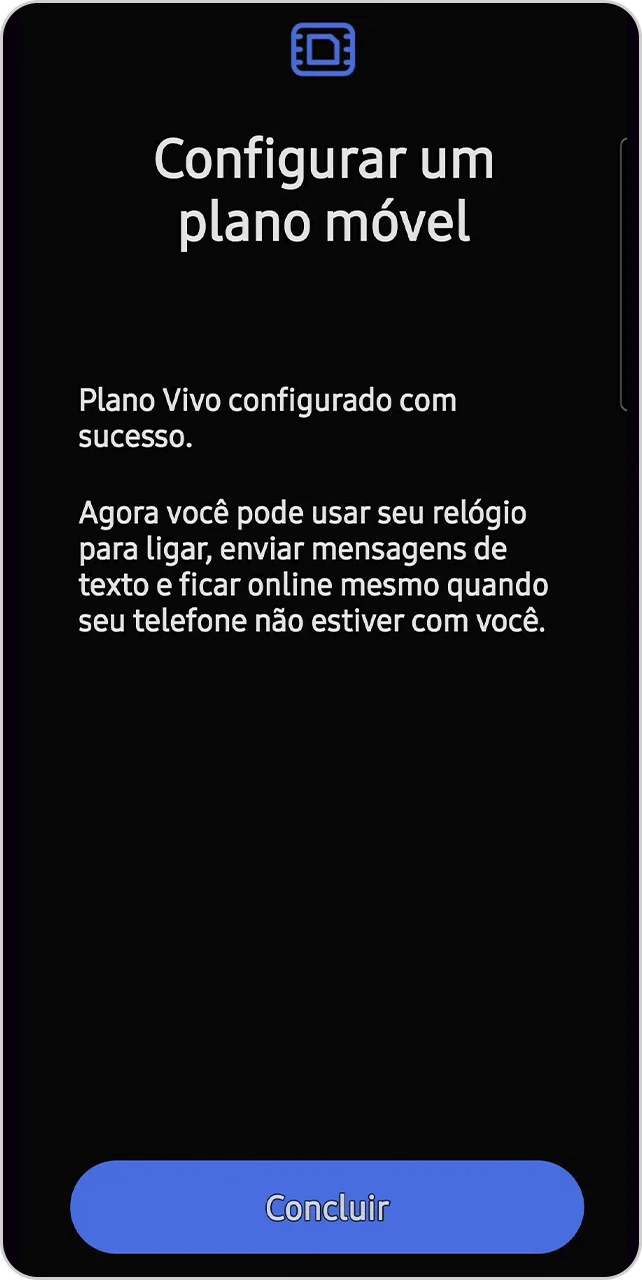 Tela Configurar um plano móvel com confirmação de sucesso.