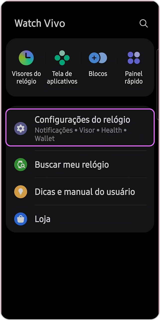 Tela do app do Wear com o item "Configurações do relógio" em destaque.