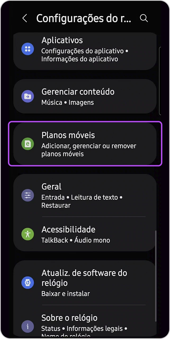 Tela de configuração com o item "Planos móveis" em destaque.