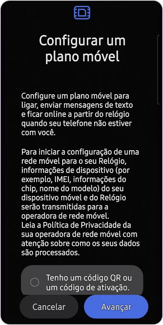 Tela Configurar um plano móvel com informações de texto e botão de avançar.