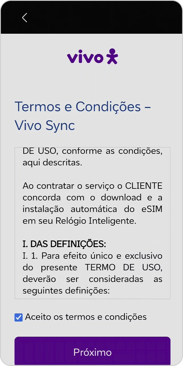 Tela de Termos e Condições - Vivo Sync para aprovar.
