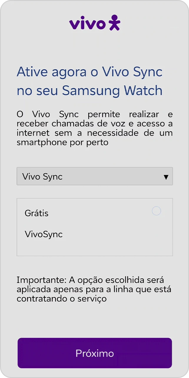 Tela para ativar o Vivo Sync no Galaxy Watch.