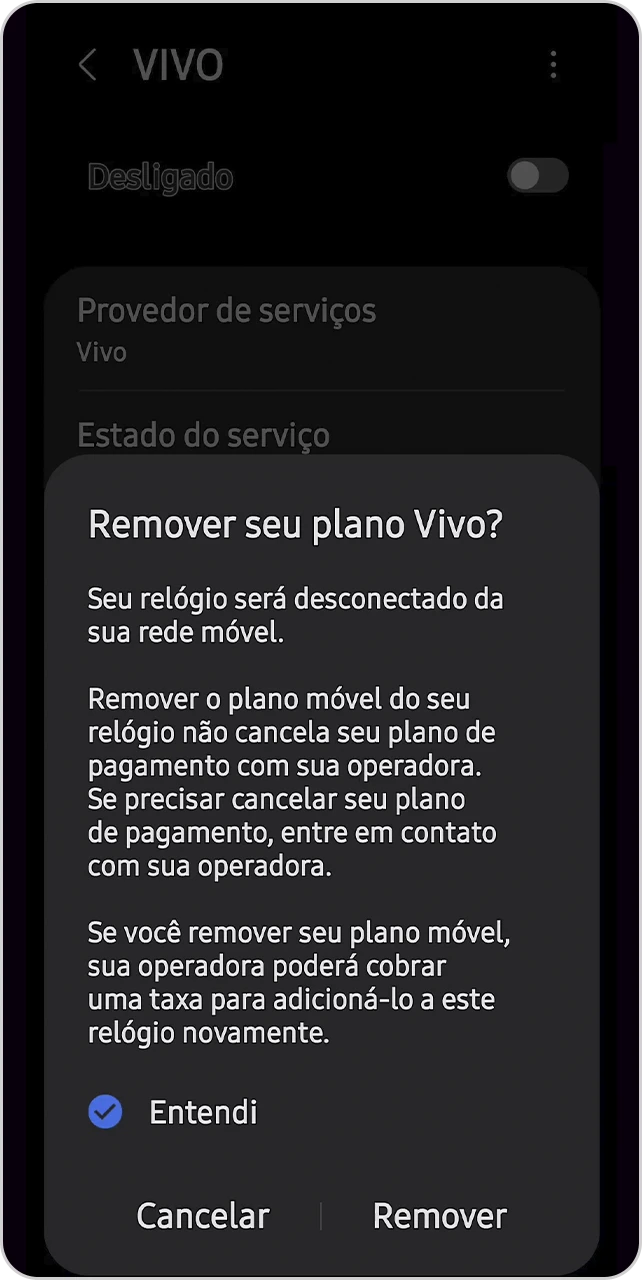Tela com mensagem de confirmação para remover o plano Vivo do relógio.
