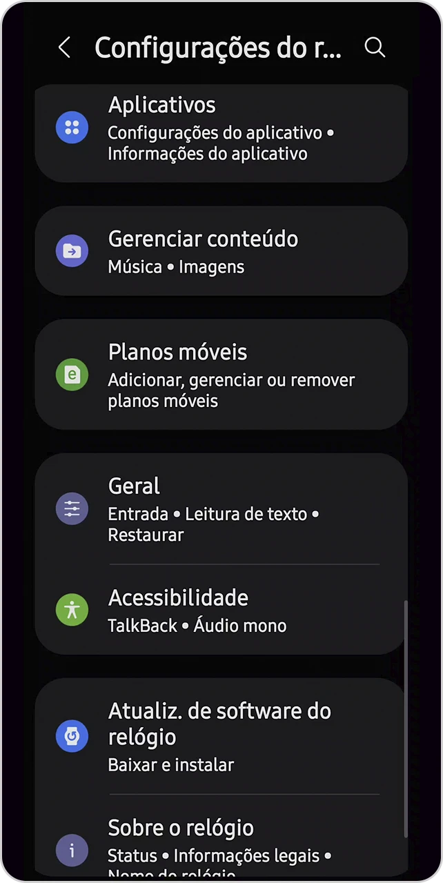 Tela do menu de configuração do relógio.