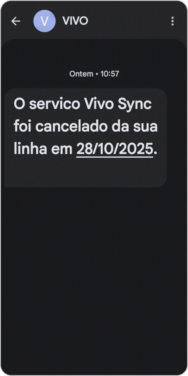 Tela de mensagem SMS de confirmação do cancelamento do Vivo Sync na linha.