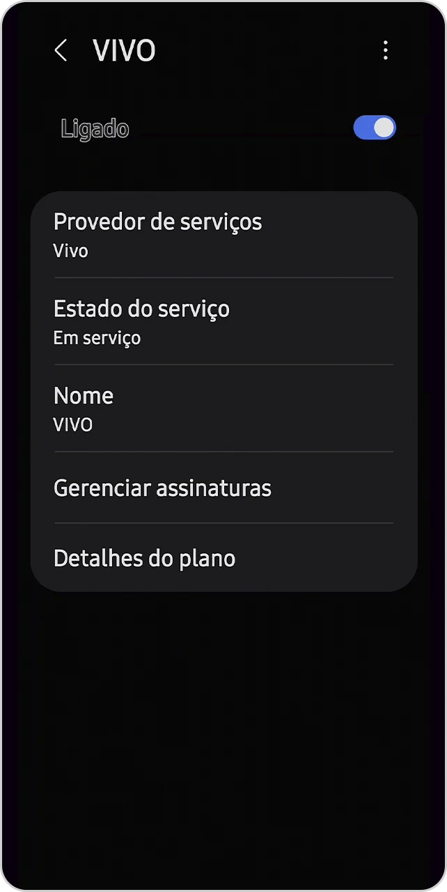 Tela com a rede Vivo ligada com a informação do serviço funcionando.