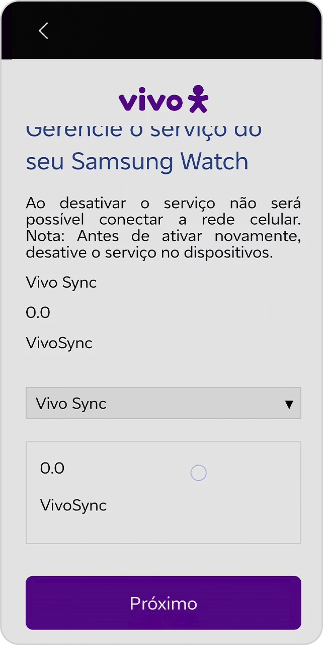 Tela para gerenciar o serciço Vivo Sync no Galaxy Watch.