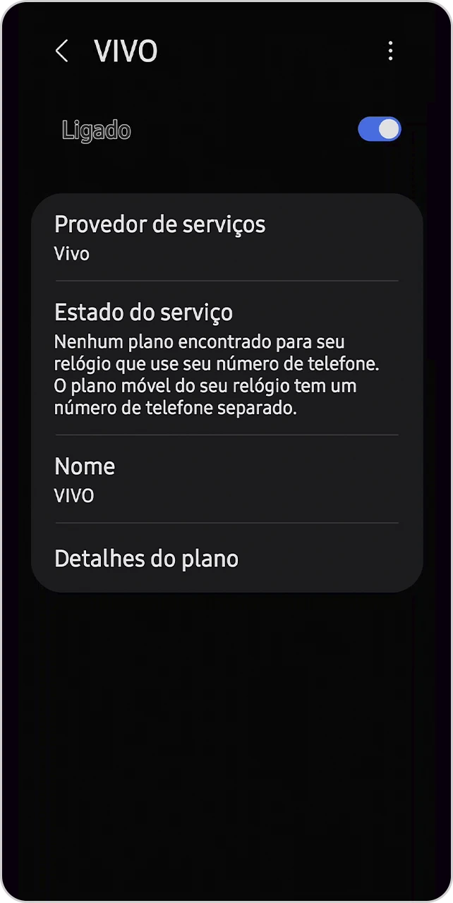Tela com a rede Vivo ligada com a informação do serviço sem nenhum plano encontrado.