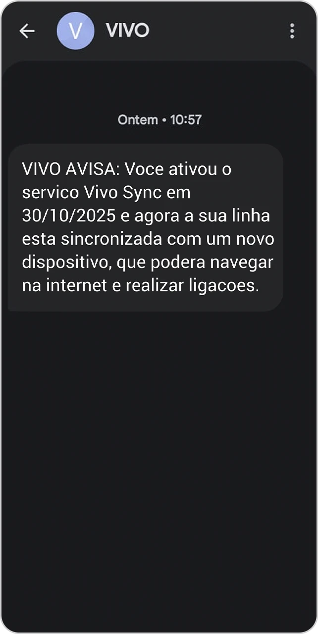 Tela de mensagem SMS de confirmação da ativação do Vivo Sync.