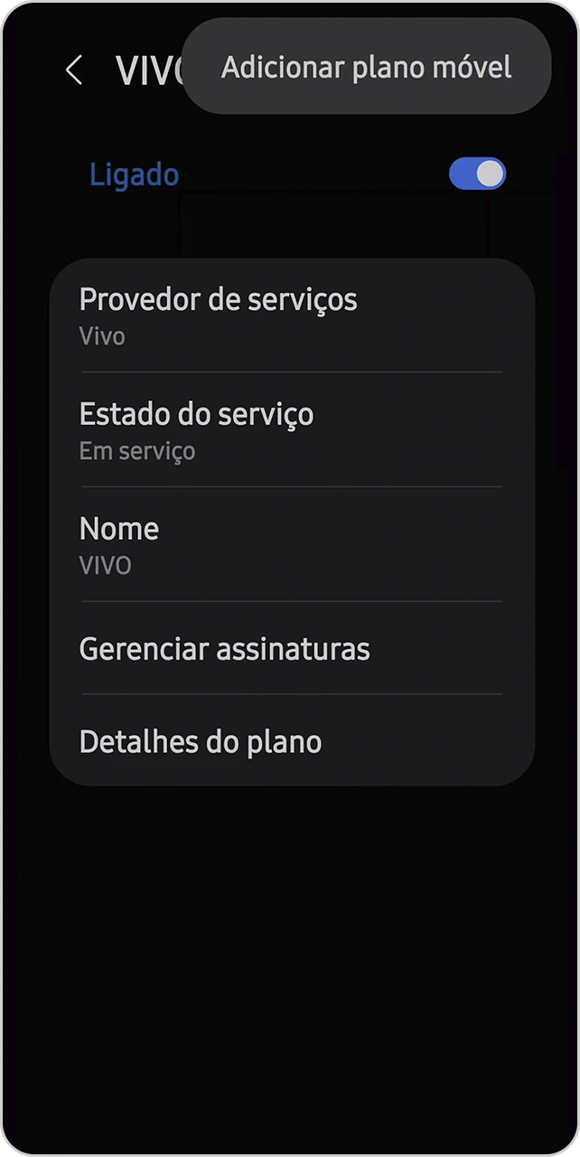 Tela com as informações de rede conectadas com botão superior escrito "Adicionar plano móvel".
