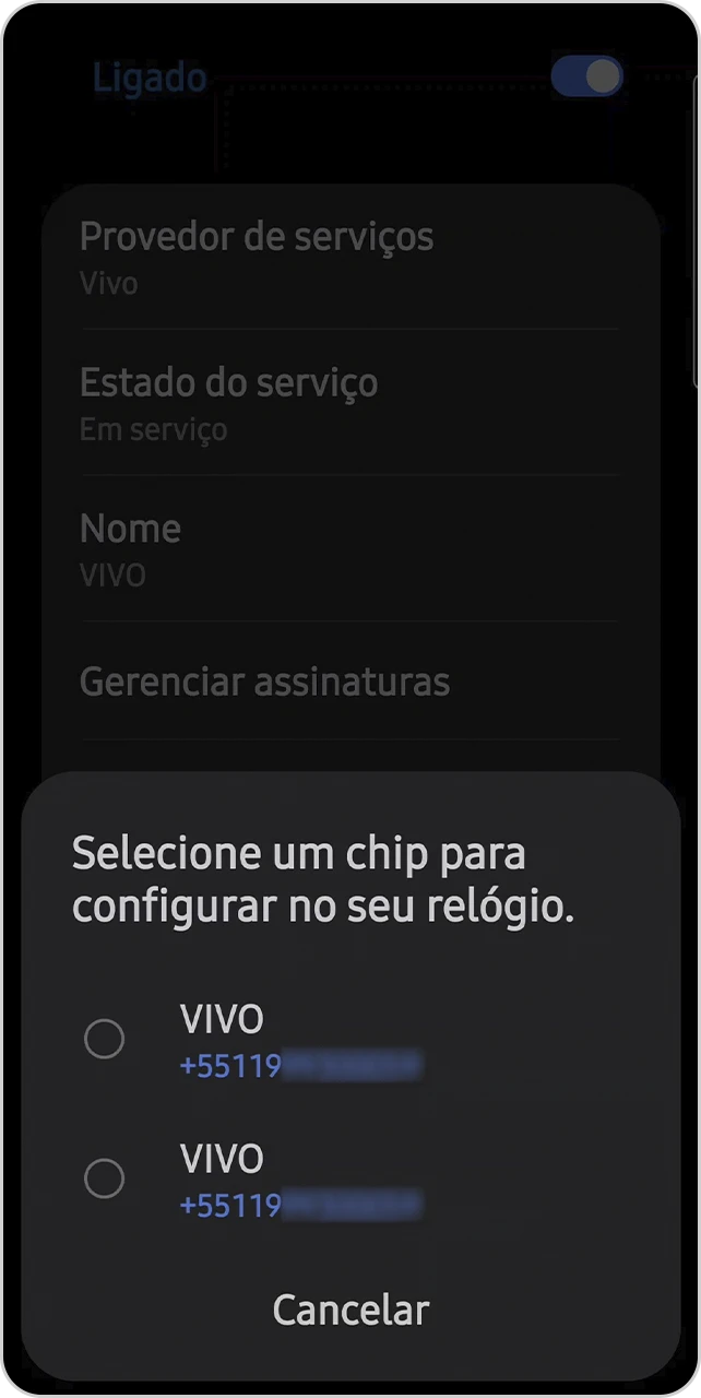 Tela com duas opções de chip para configurar no relógio.
