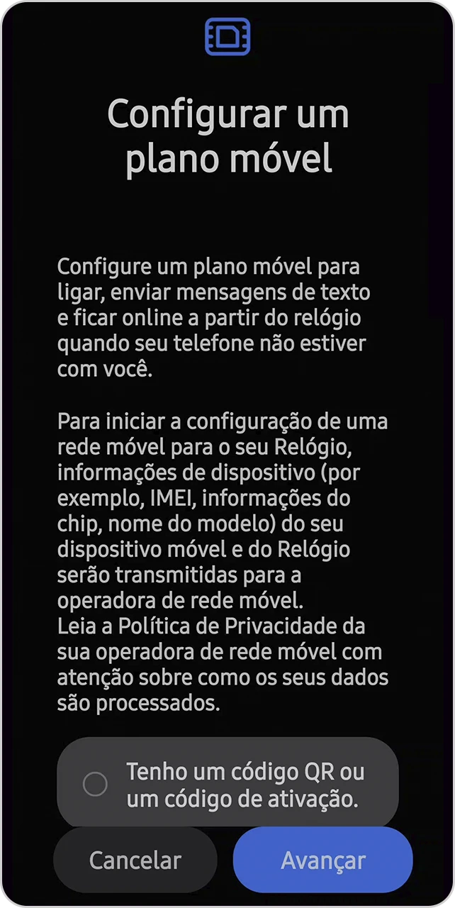 Tela Configurar um plano móvel com informações de texto e botão de avançar.