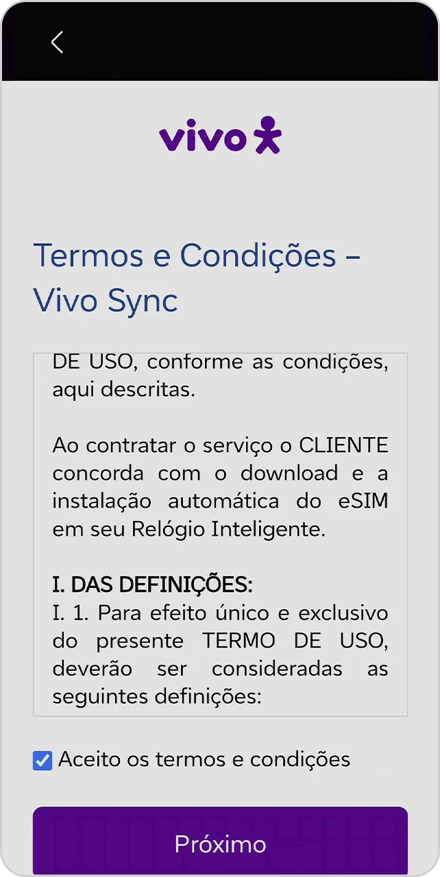 Tela de Termos e Condições - Vivo Sync para aprovar.