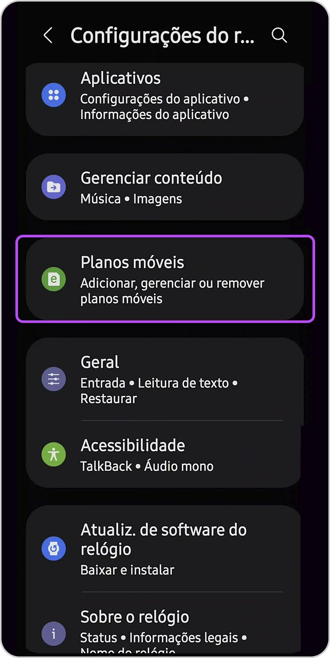 Tela de configuração com o item "Planos móveis" em destaque.