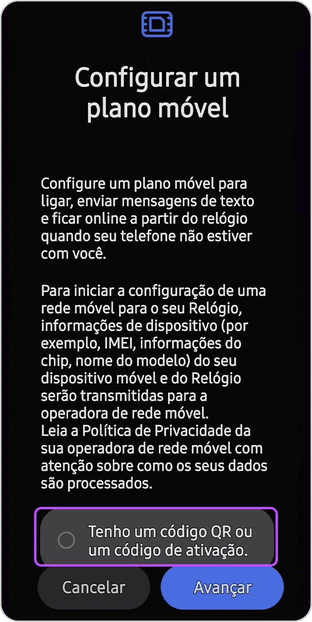 Tela Configurar um plano móvel com informações de texto com opção de QR Code para marcar.