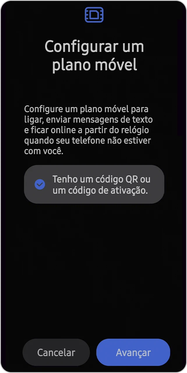 Tela com a opção de código QR selecionado para confirmação.