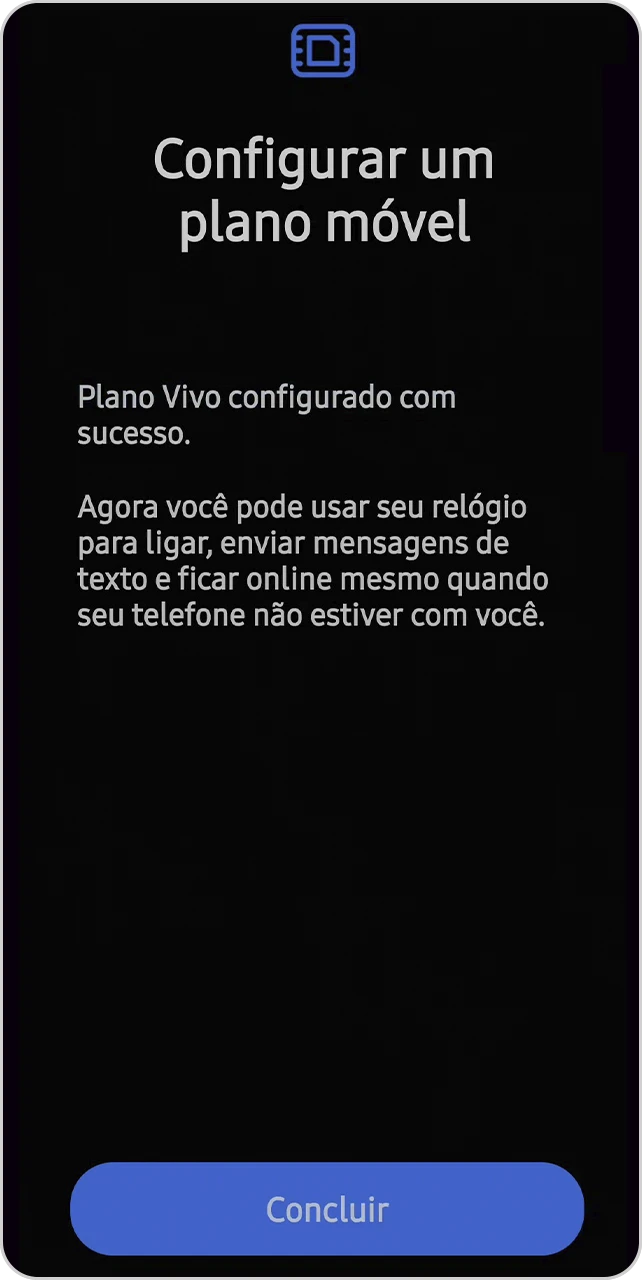 Tela Configurar um plano móvel com confirmação de sucesso.