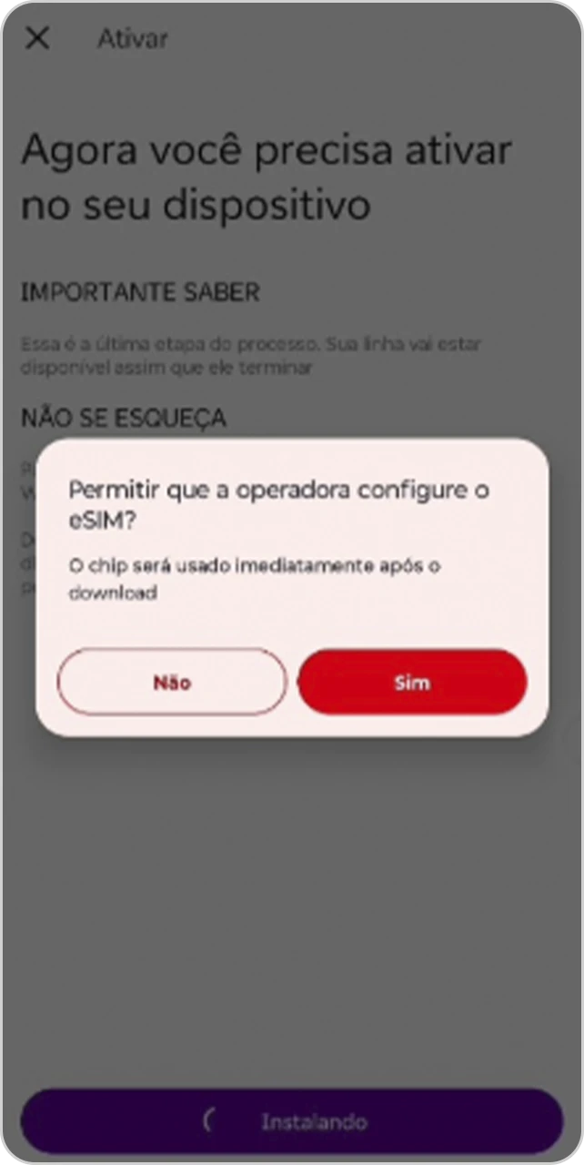 Tela de permissão para configurar o eSIM.