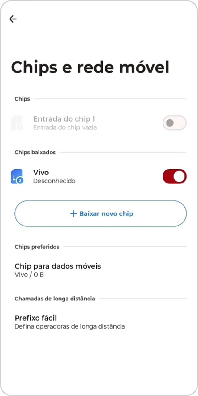 Tela de Chips e rede móvel com o eSIM adicionado.