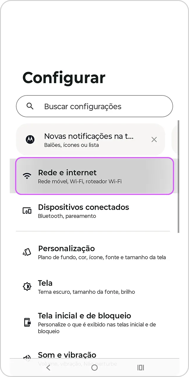 Tela da área de Configuração. Opção Rede e internet selecionada.