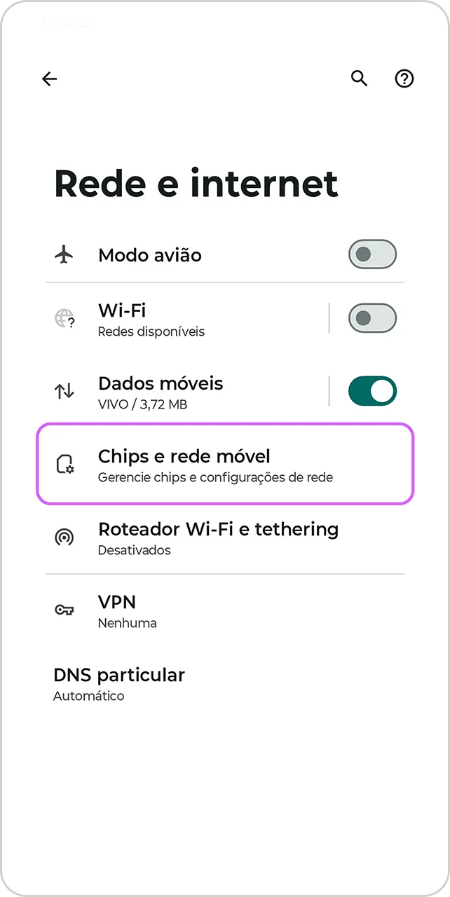 Tela da opção Rede e internet.
