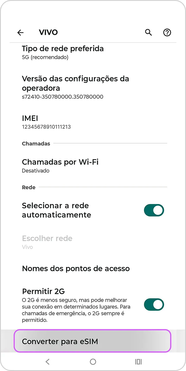 Tela da área de Chip Vivo com a opção Converter para eSIM selecionada.