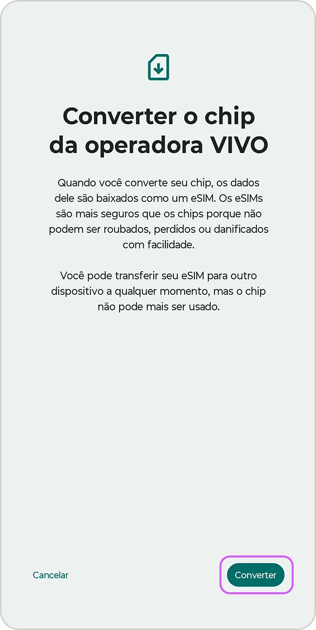 Tela de confirmação para conversão do chip.