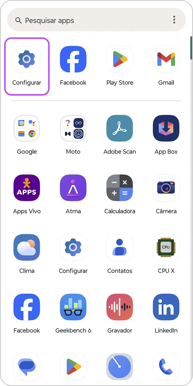Tela inicial do Motorola com aplicativos na tela e "Configurar" em destaque.