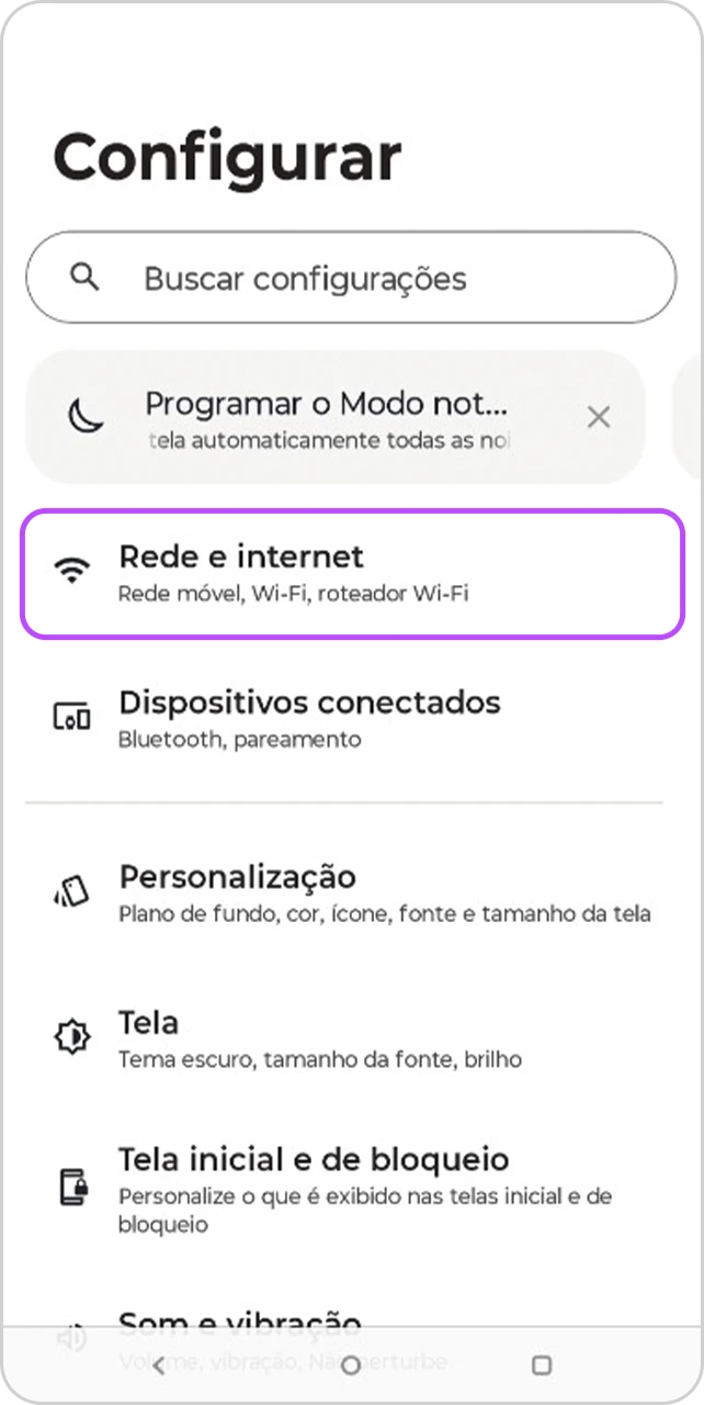 Tela Configurar com a opção "Rede e internet" em destaque.
