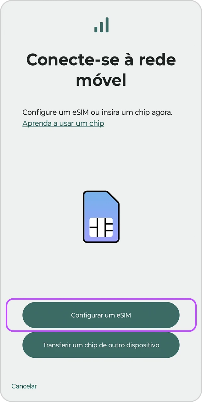 Tela de Conecte-se à rede móvel com o item "Configurar um eSIM" em destaque.