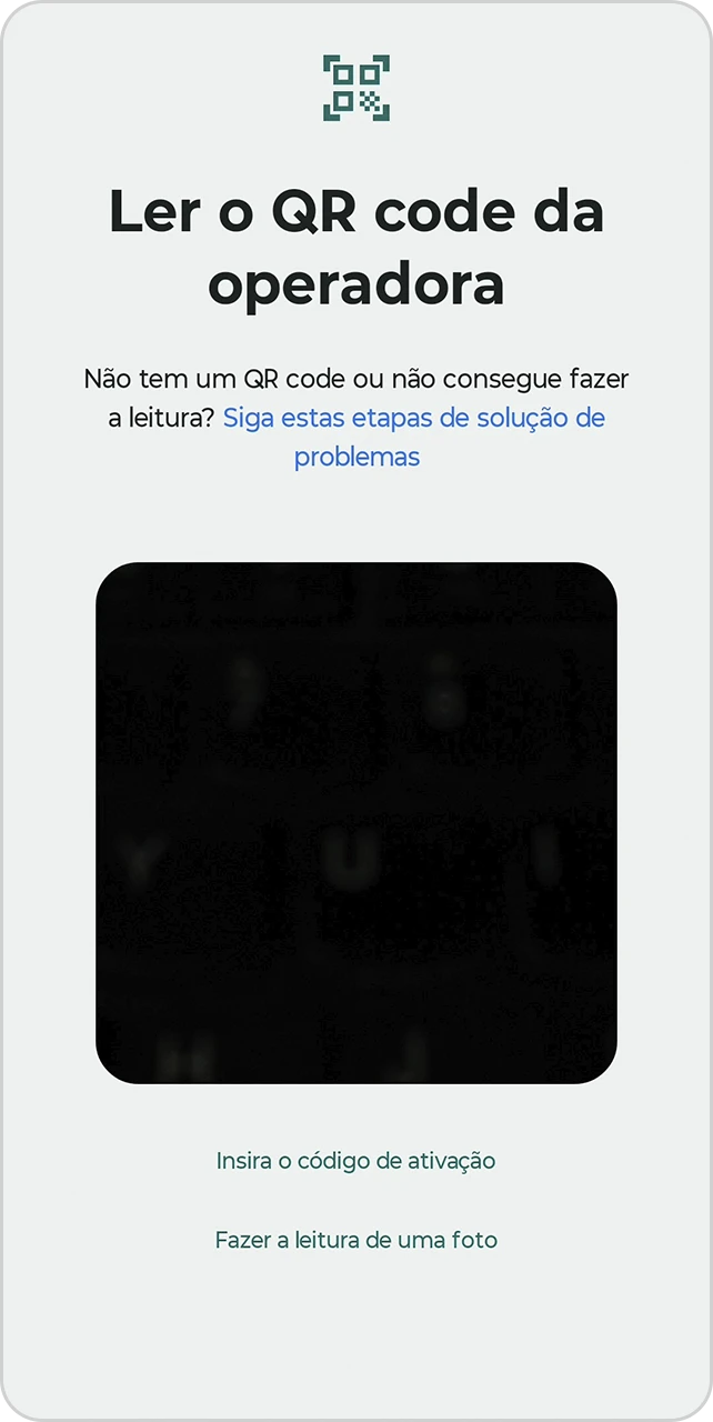 Tela para ler o QR code da operadora com a câmera.