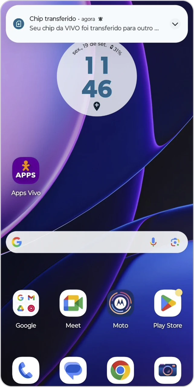 Tela com mensagem de confirmação da transferência do chip.
