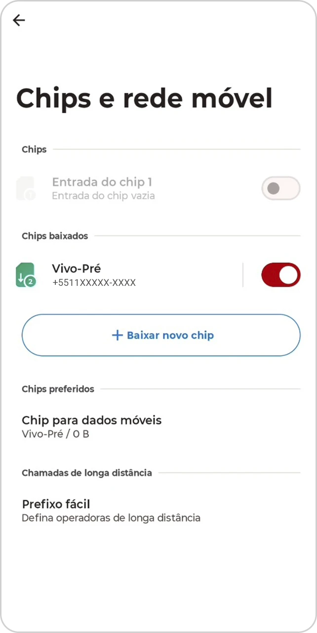 Tela de "Chips e rede móvel" com eSIM ativado.