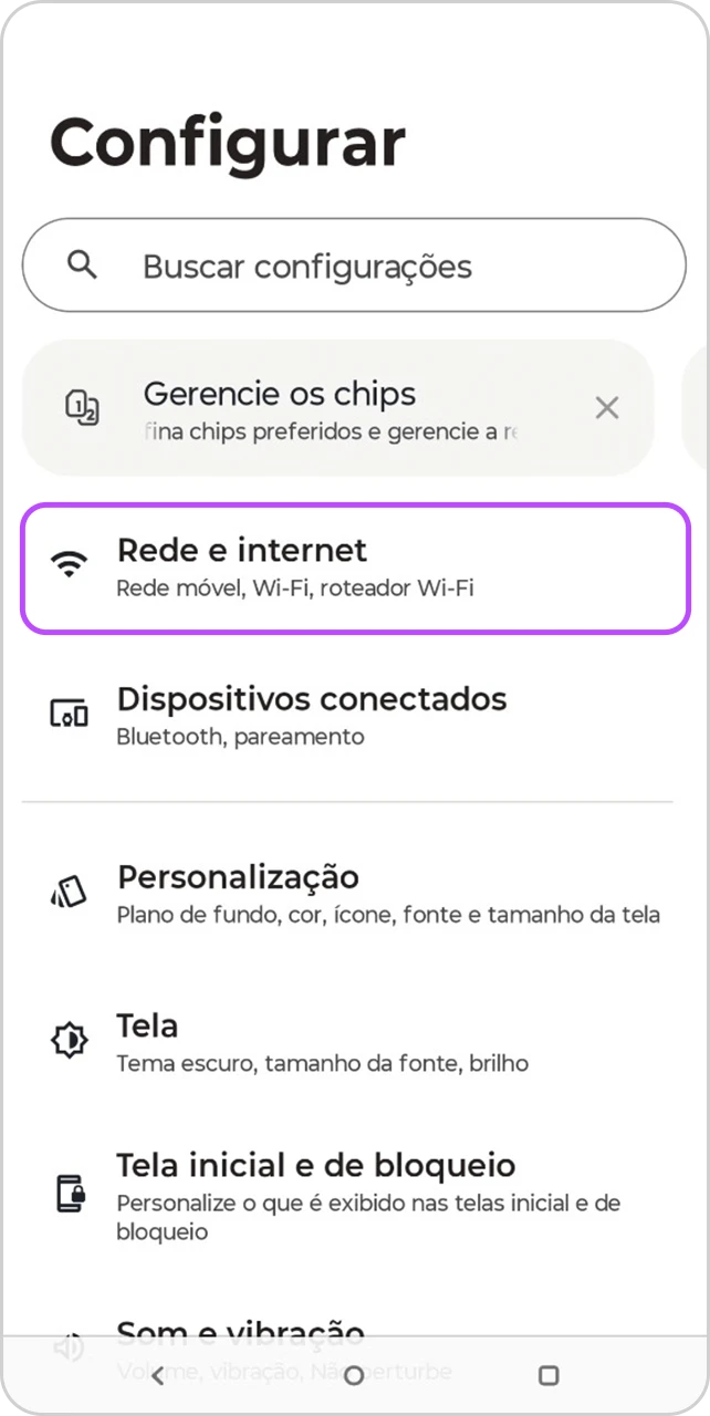 Tela Configurar com a opção "Rede e internet" em destaque.
