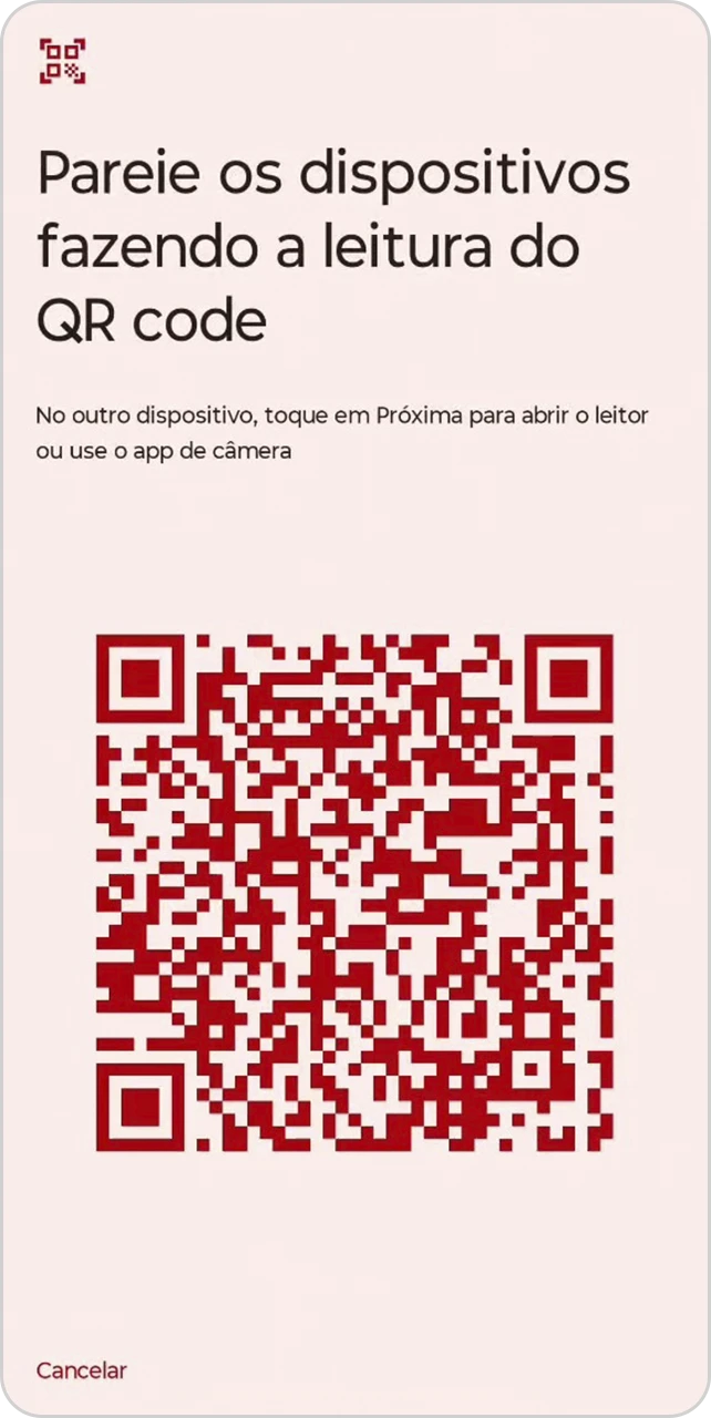 Tela com um QR code na tela para parear os dois dispositivos.
